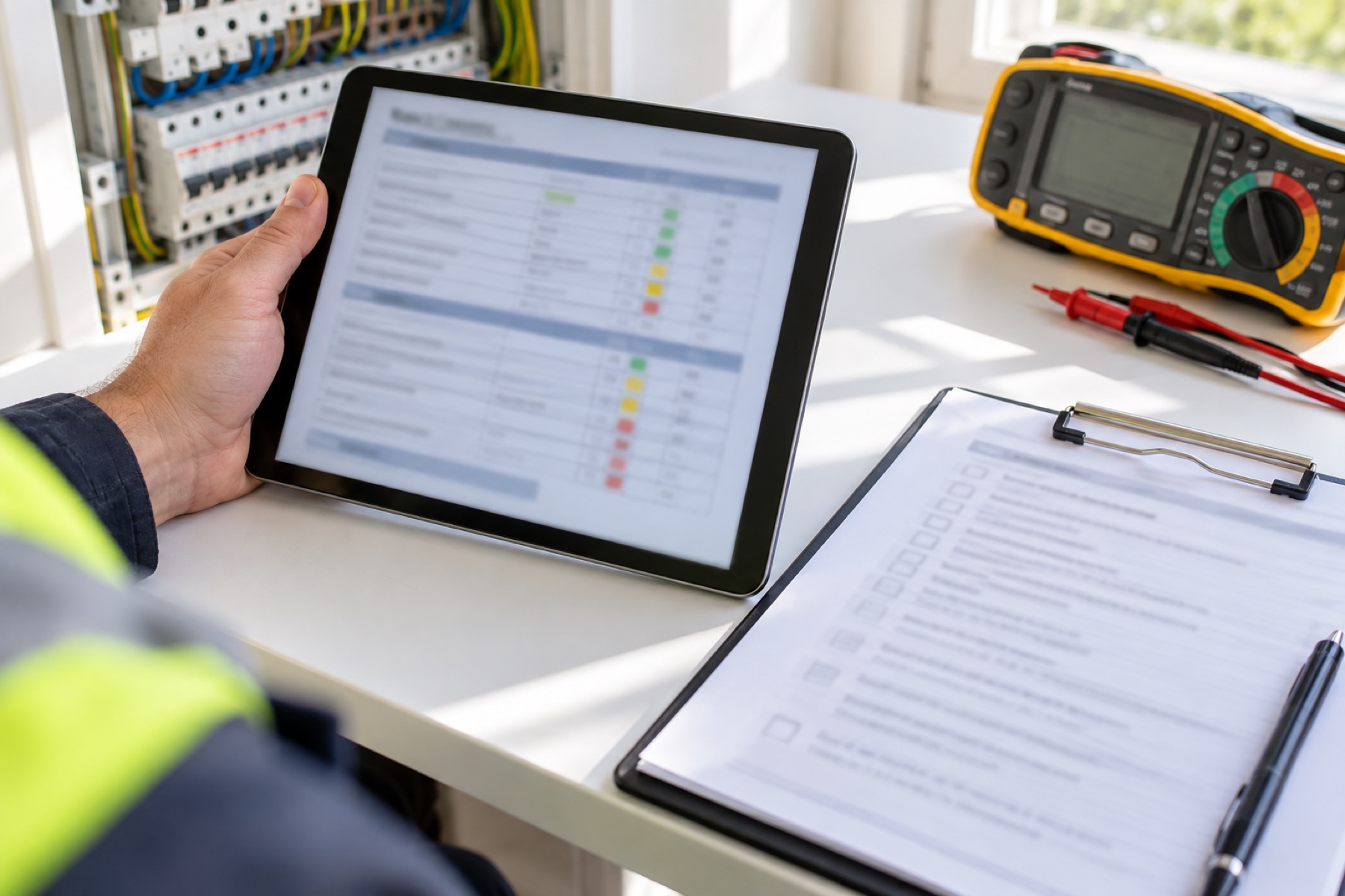 Electrical inspection checklist on a tablet with a tester