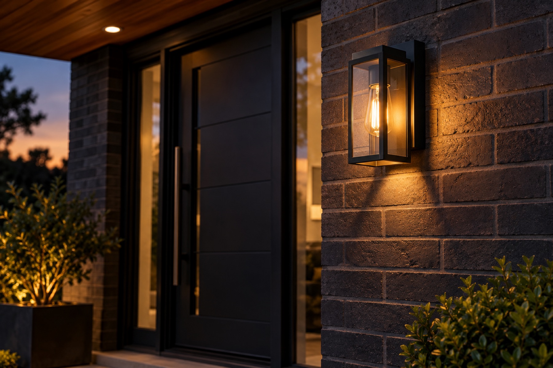 Outdoor wall light beside a front door at dusk