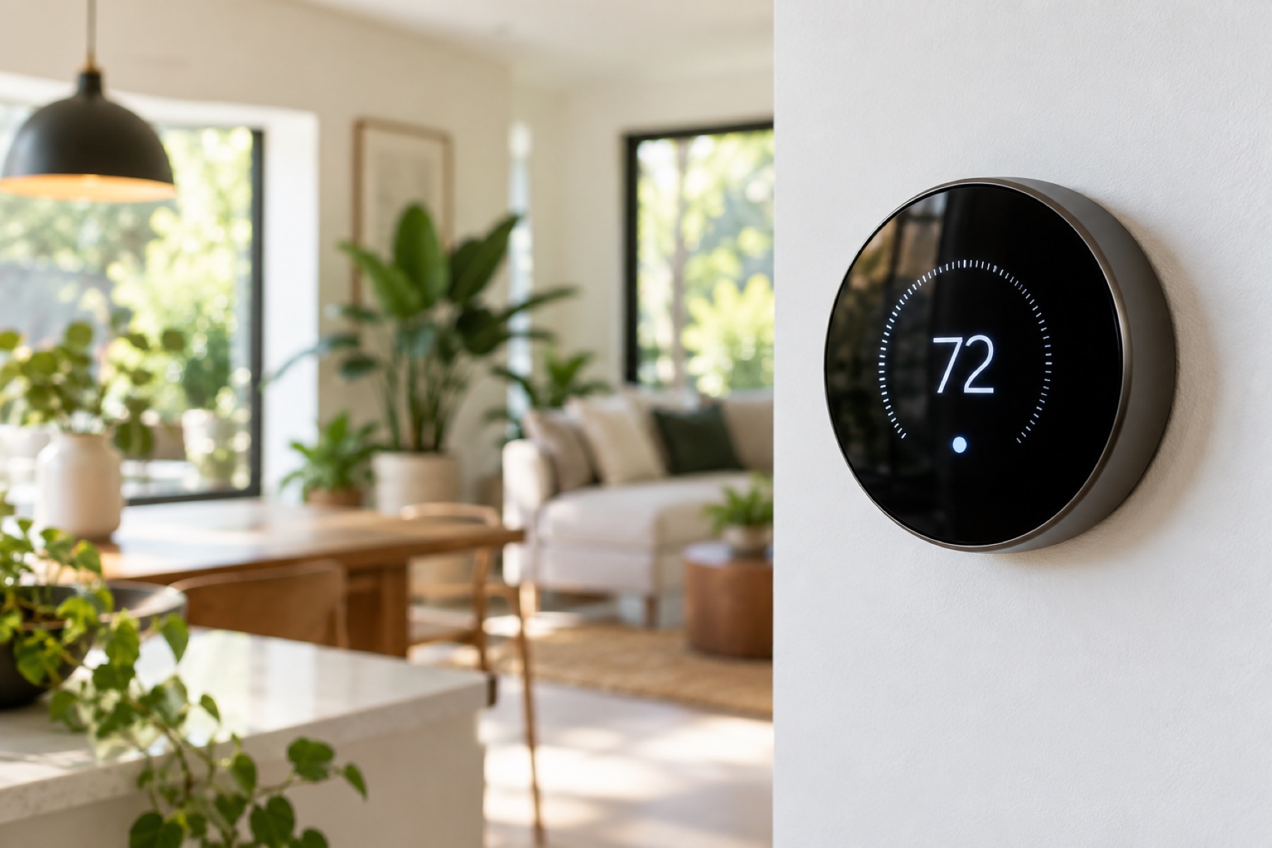 Smart thermostat on a wall in a bright modern home